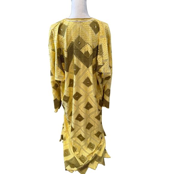 Vintage 60s Dramatic Jacquard Embroidered Kaftan Dress Yellow Avocado Green - Picture 5 of 7